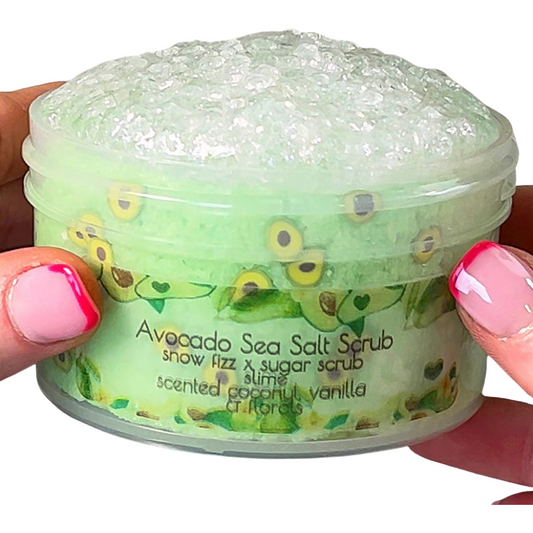 Avocado Sea Salt Scrub snow fizz slime (6 oz.) and sugar scrub bead slime (2 oz. Jar)